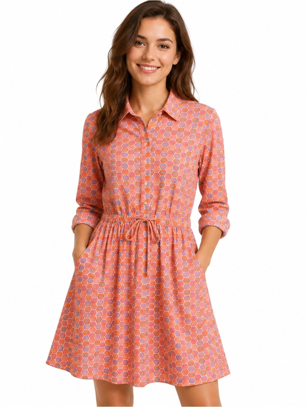 GAP Womenโs Shirtdress with Drawstring Waist Peach Pink Geometric Print Sz Med